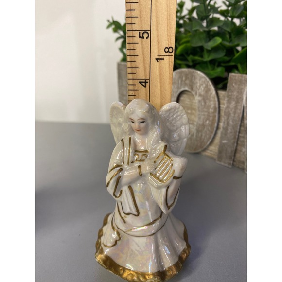 3 Ceramic Angels with Harps and Candles Iridescent Gold Trim Angel Figurines - Picture 8 of 10